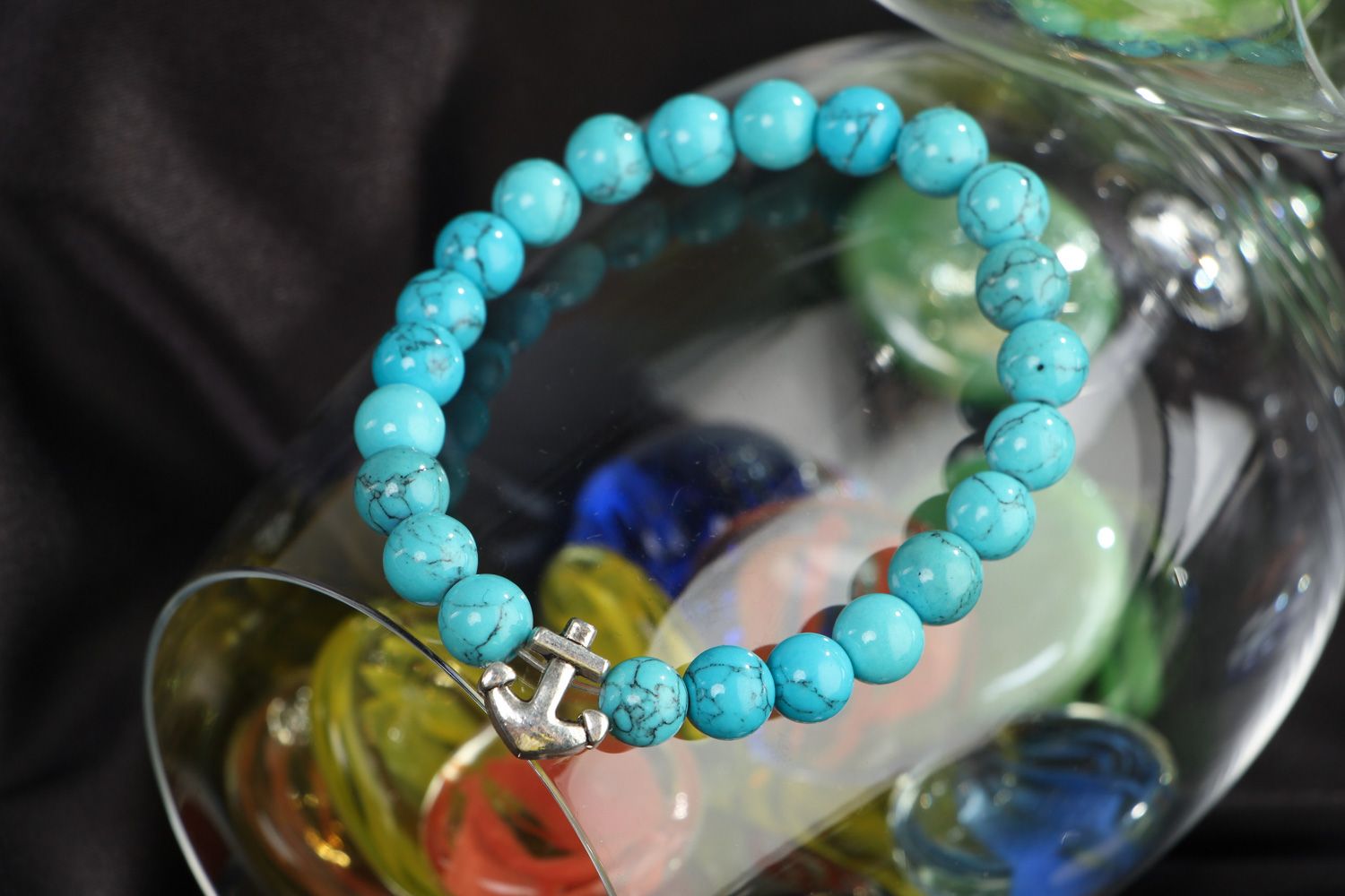 Handmade wrist stretch bracelet with turquoise beads and metal anchor charm photo 4