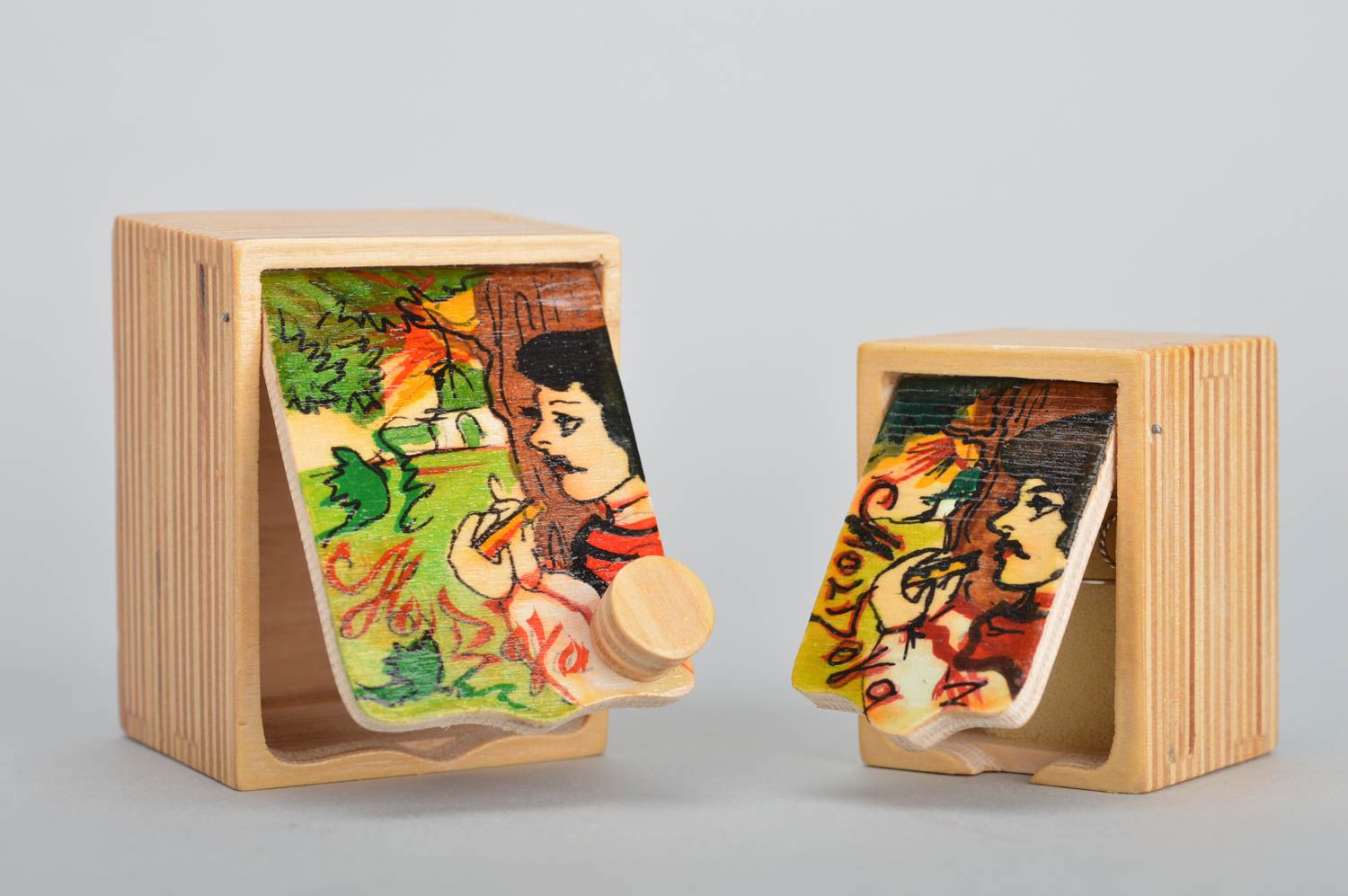 Set of 2 homemade unusual designer painted plywood jewelry boxes home decor photo 4