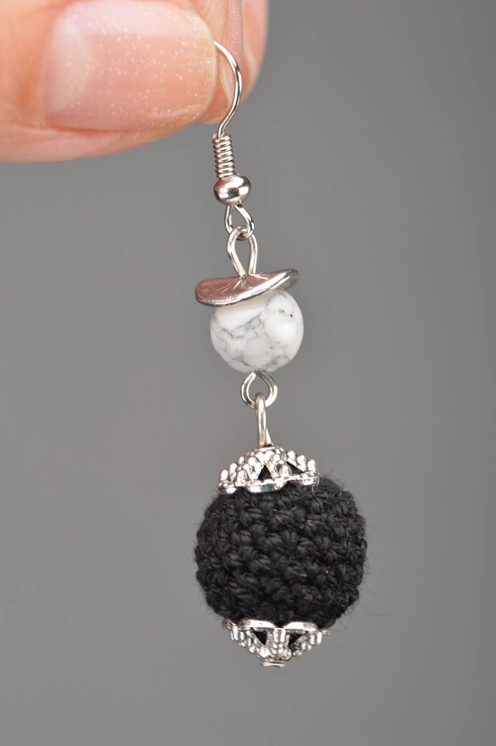 Unusual beautiful handmade earrings with crocheted over beads black and white photo 2