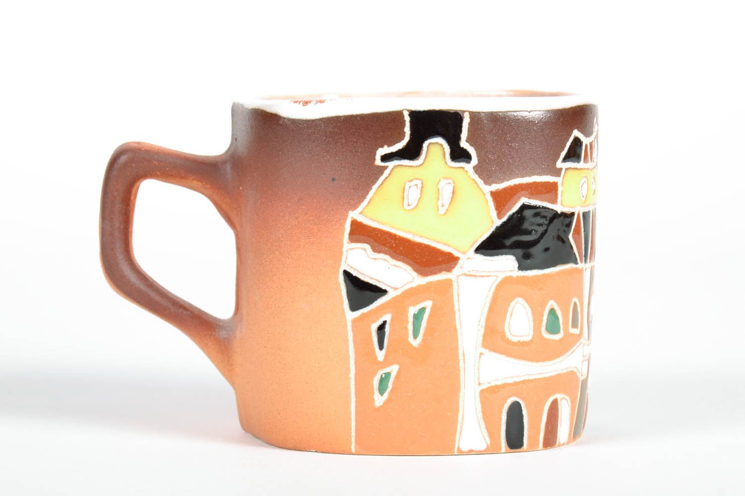 Handmade clay glazed coffee mug with little old city houses pattern photo 5