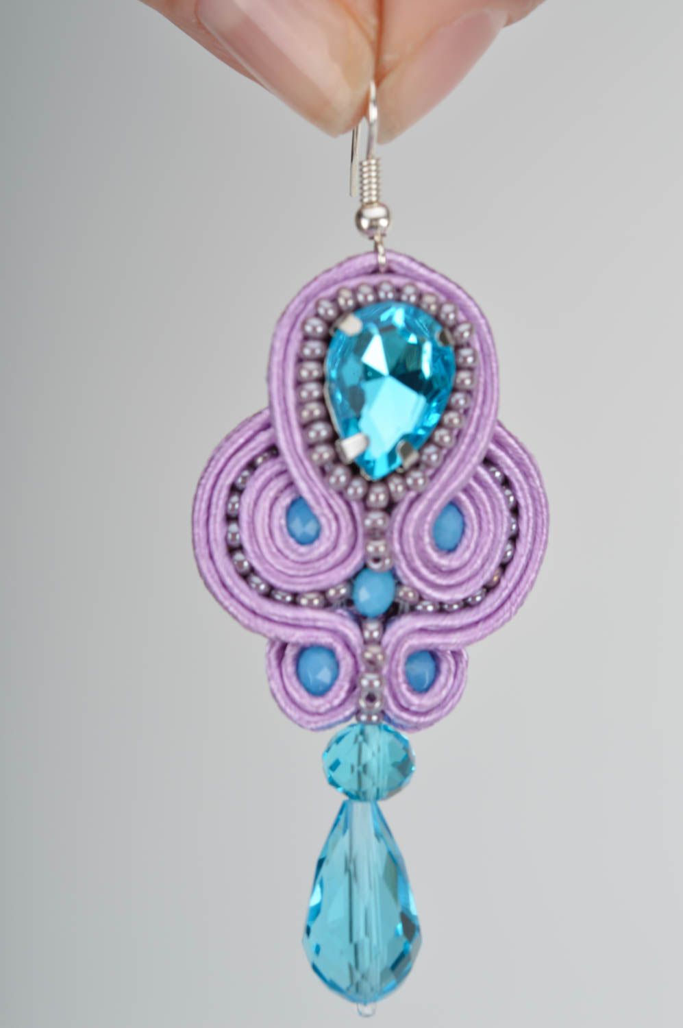 Beautiful homemade lilac and blue dangle earrings with Czech beads soutache  photo 3