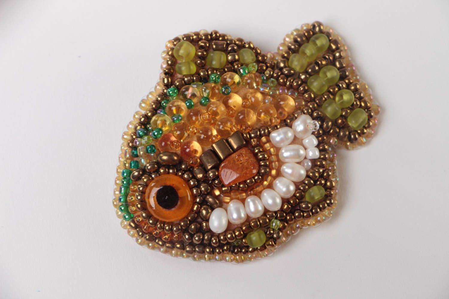 Small handmade designer brooch with bead embroidery and amber Fish photo 2