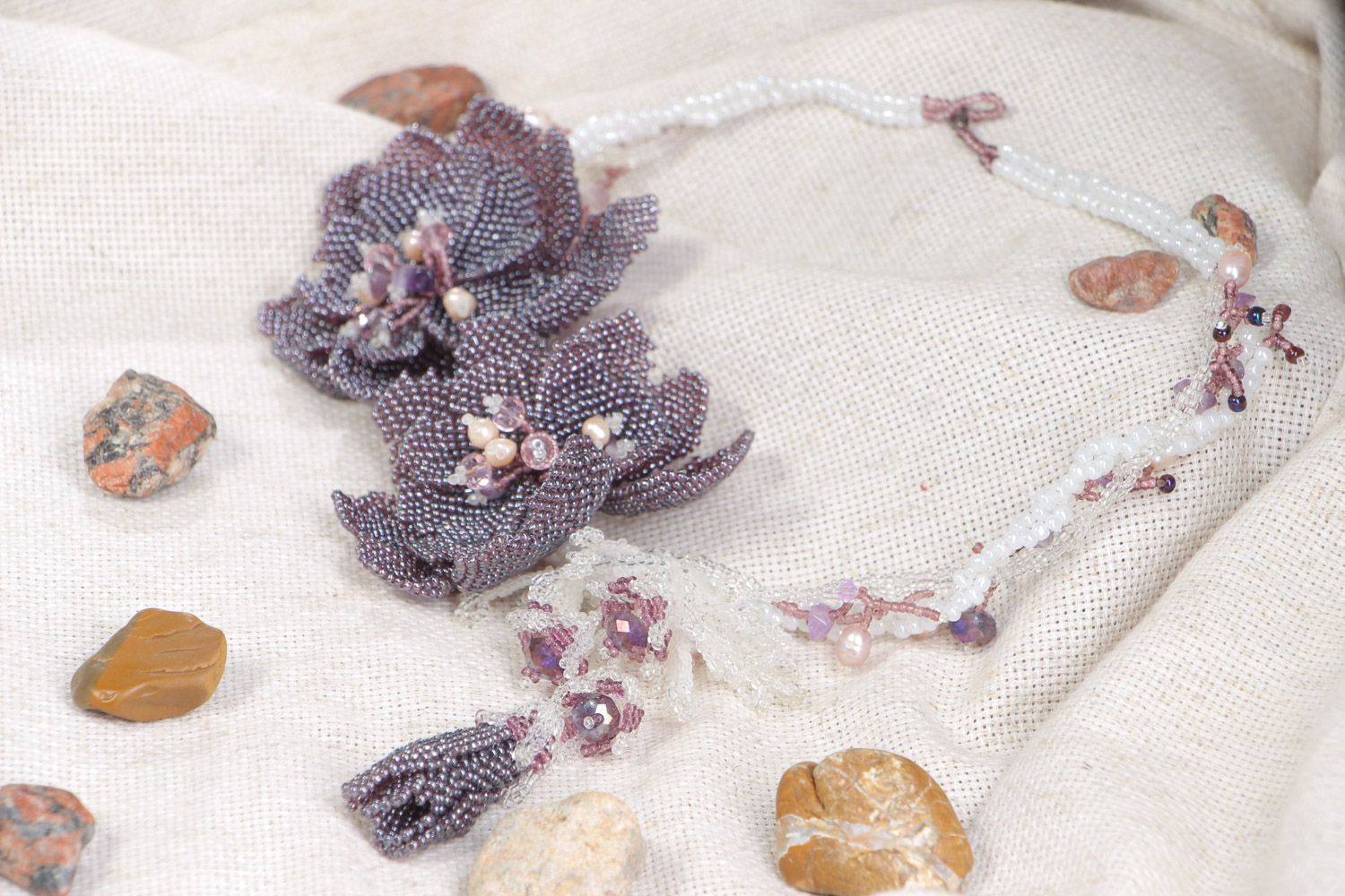 Handmade beaded necklace with flowers and natural stones in tender violet colors photo 1