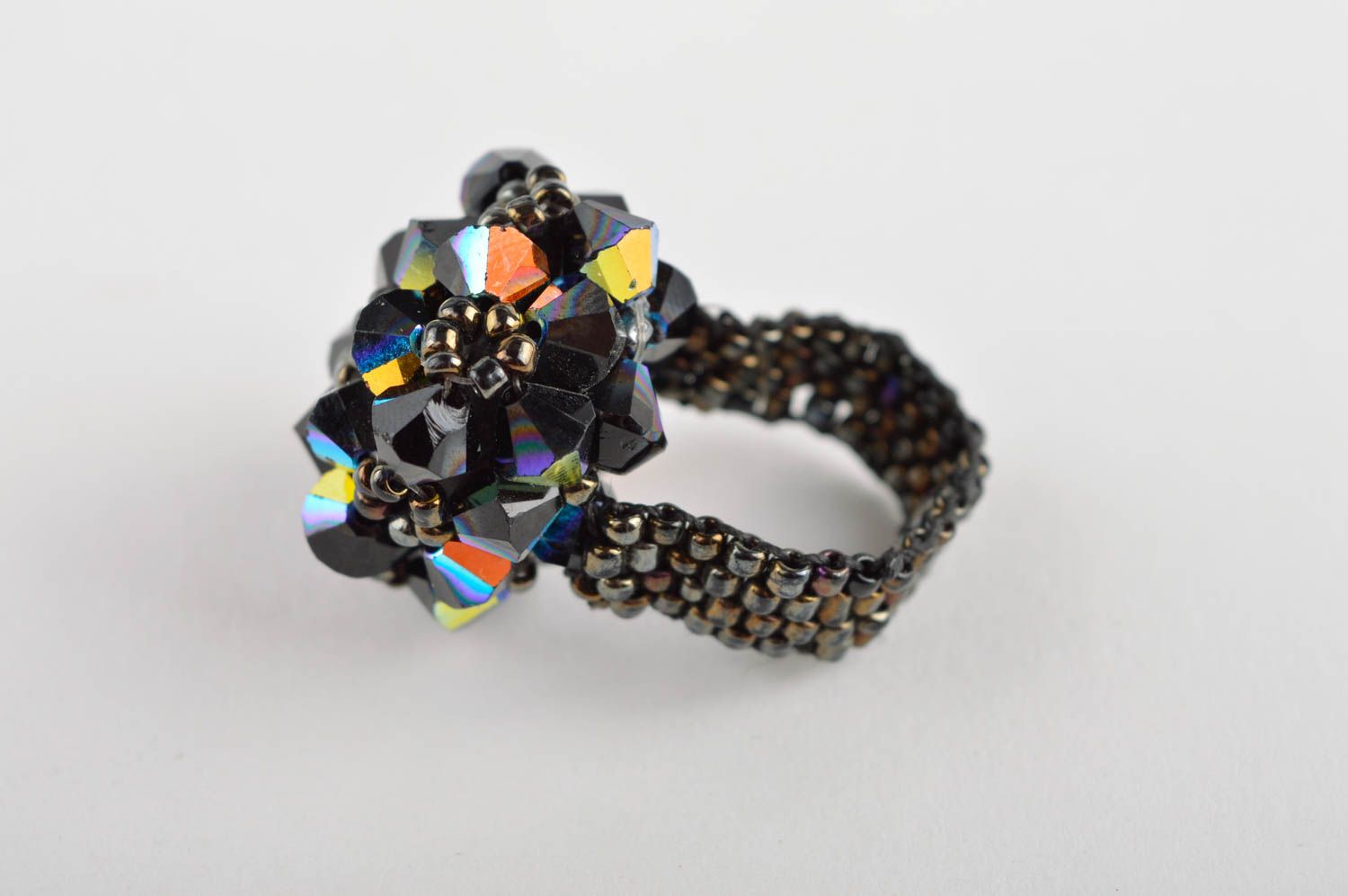 Bague perles de rocaille Bijou fait main design noir cristal Cadeau original photo 3