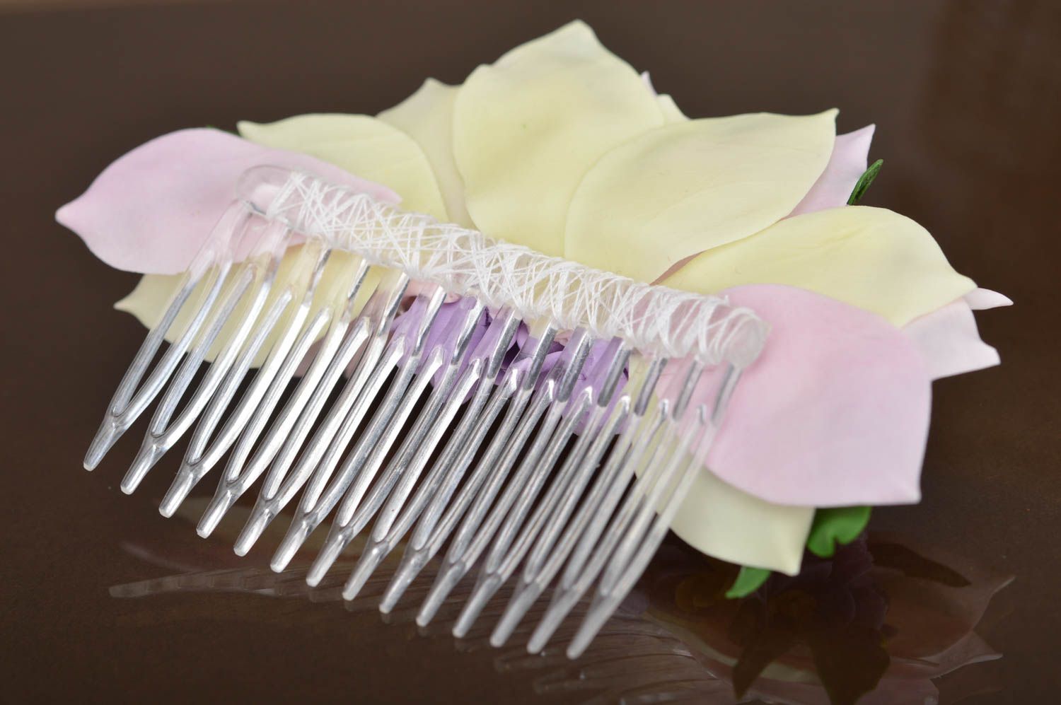 Violet cute handmade beautiful hair comb with flowers made of polymer clay photo 5