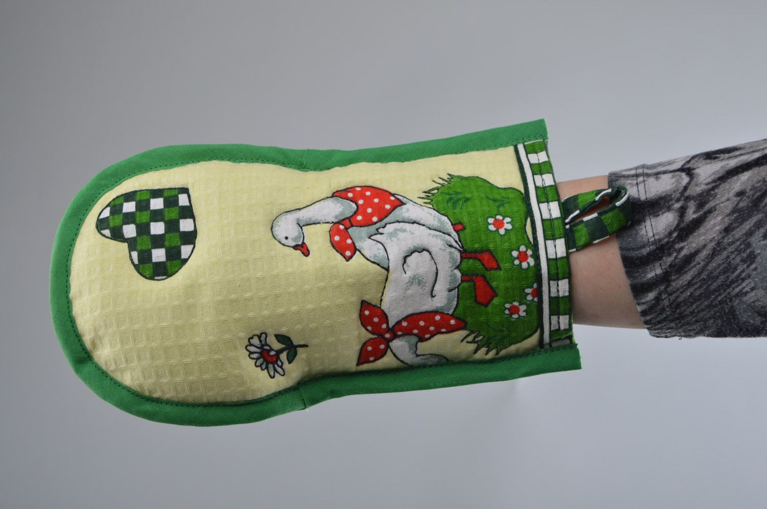 Cute handmade oven mitten sewn of colorful cotton fabric with geese image   photo 2