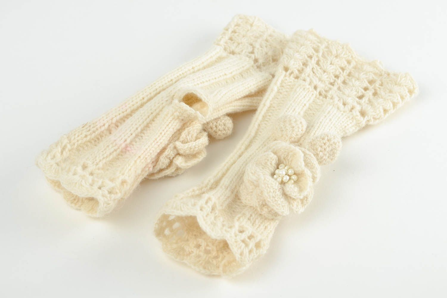 Mitaines tricot fait main Gants mitaines laine design beige Accessoire femme photo 3