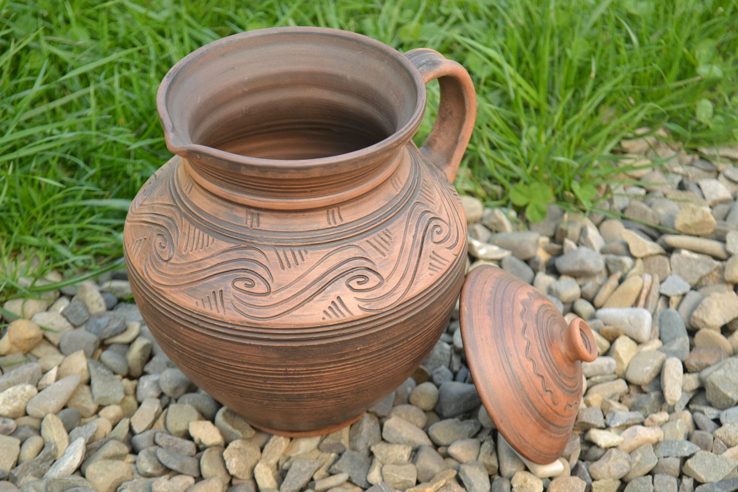 Handmade Keramik Krug aus Ton mit Muster in Braun schön ethnisch 2 Liter foto 1