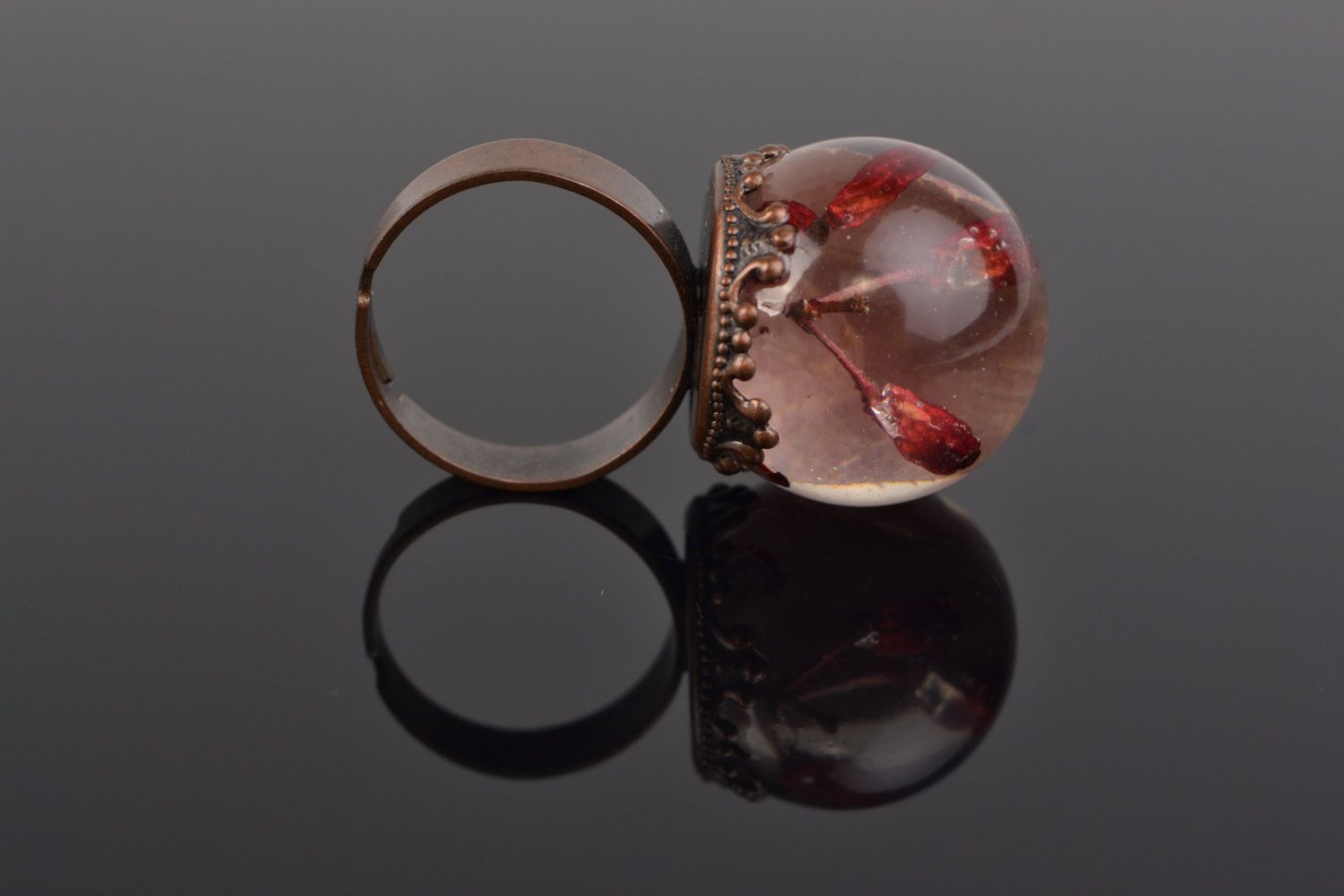 Handmade botanical ring of adjustable size with barberry coated with epoxy photo 1