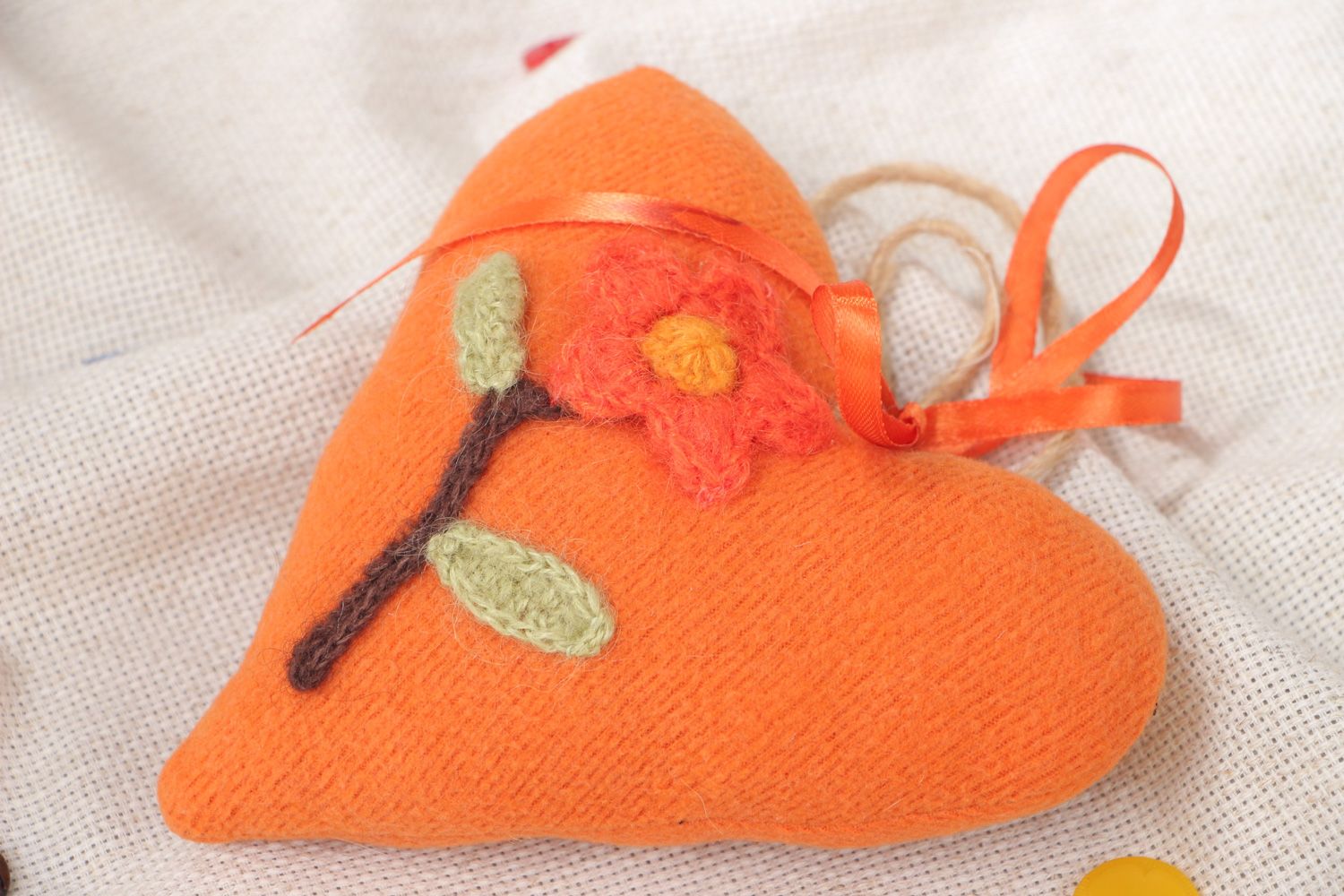 Handmade interior pendant fabric soft heart with eyelet and crochet flower photo 5