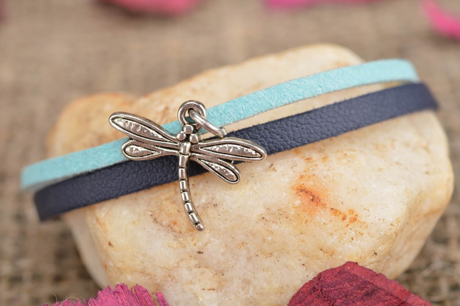 Handmade designer genuine leather wrist bracelet blue with metal dragonfly charm photo 1
