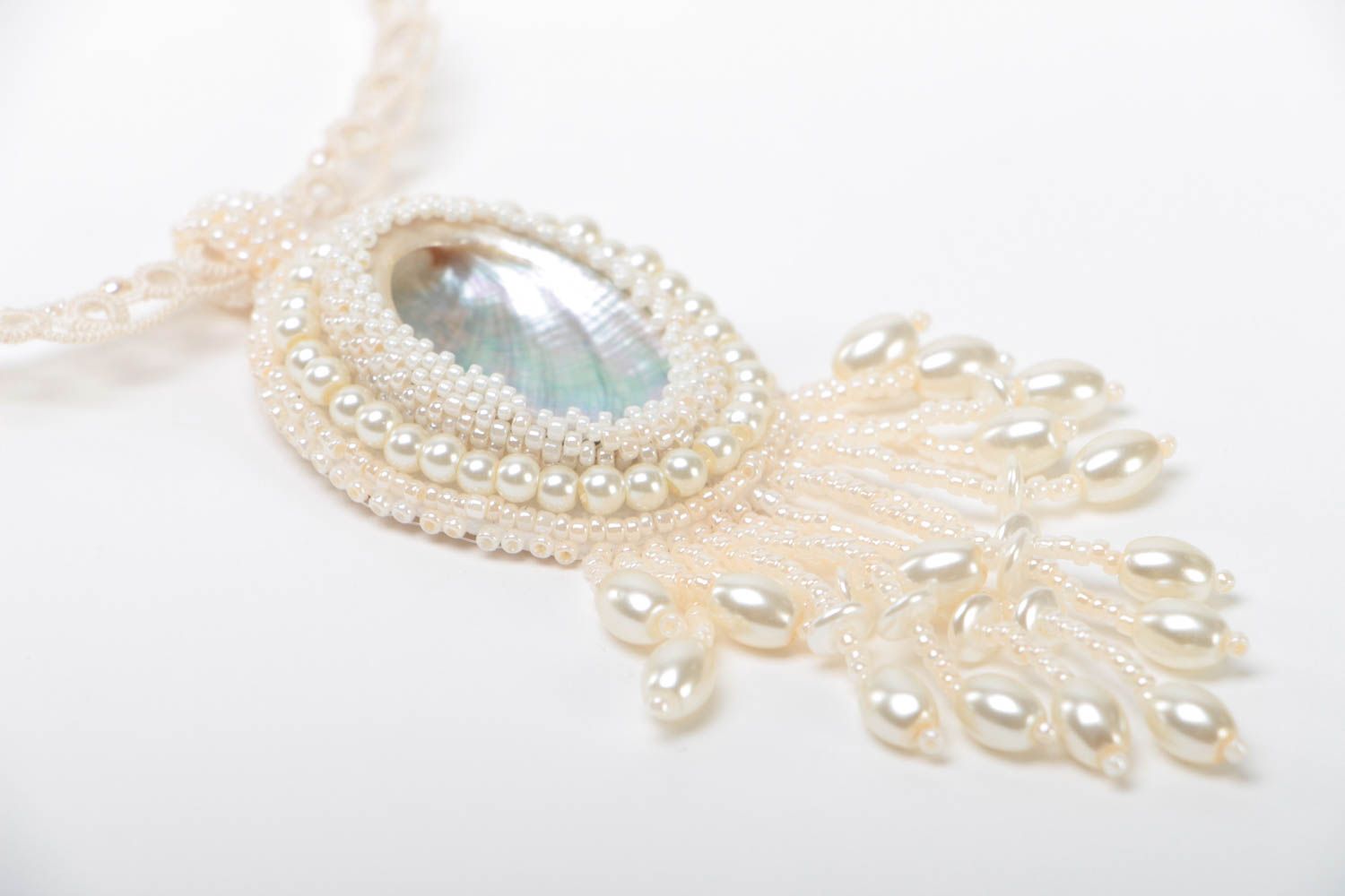 Handmade openwork necklace beaded cotton jewelry white beautiful accessory photo 3