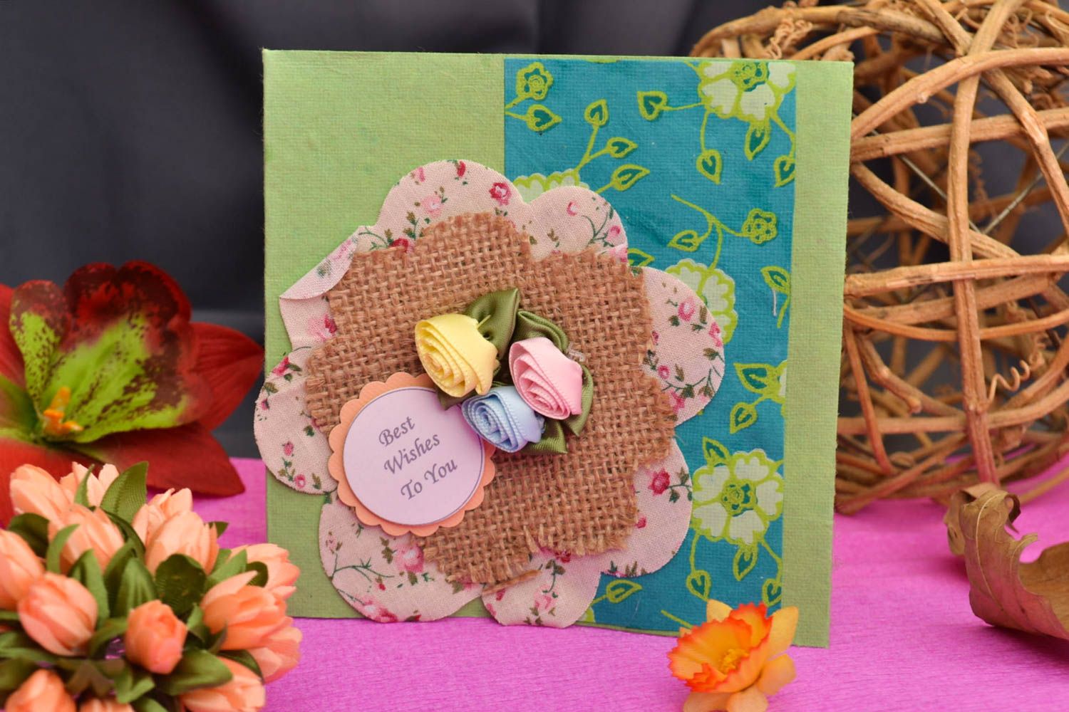 Tarjeta de felicitación regalo original postal hecha a mano con flores de cinta foto 1