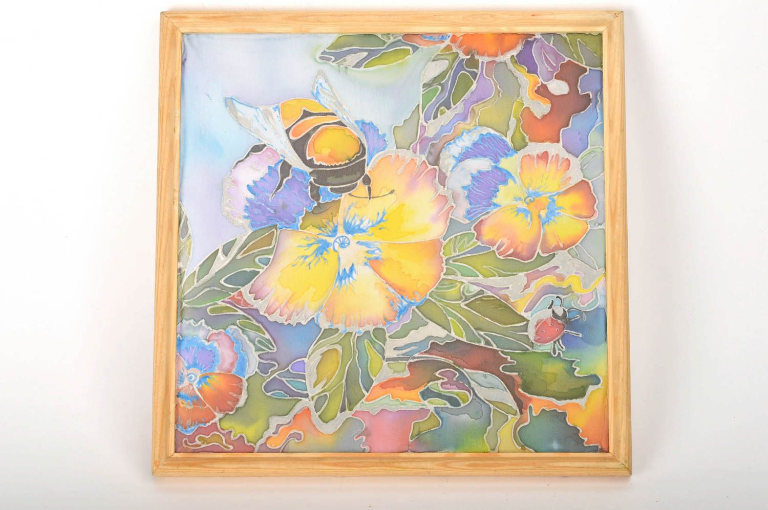 Handgemachtes buntes modernes Wandbild in Batik Technik Hummelbiene mit Blumen foto 2