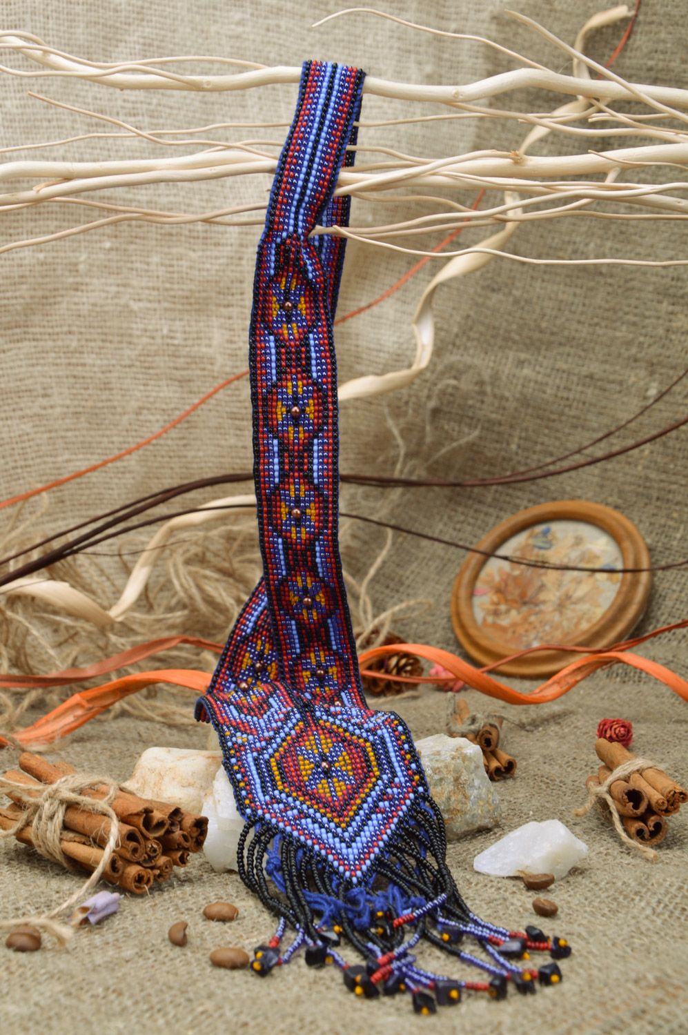 Бисерный гердан длинный в синей цветовой гамме модный стильный ручной работы фото 1