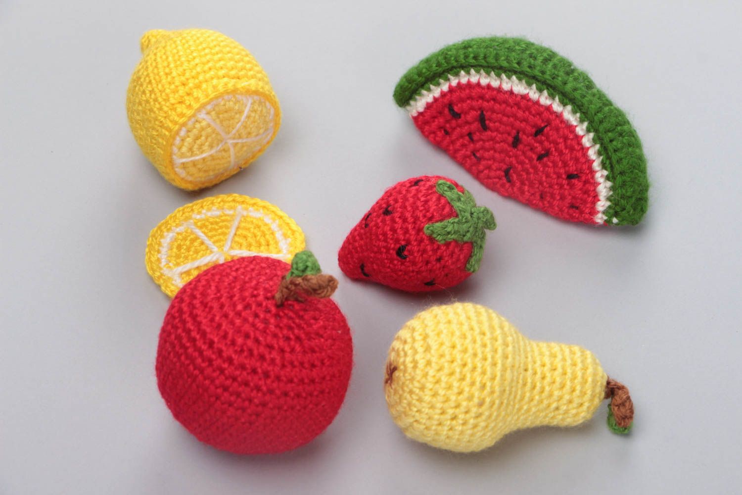 Set of 6 handmade crocheted soft colorful fruit toys for kids and interior decor photo 2
