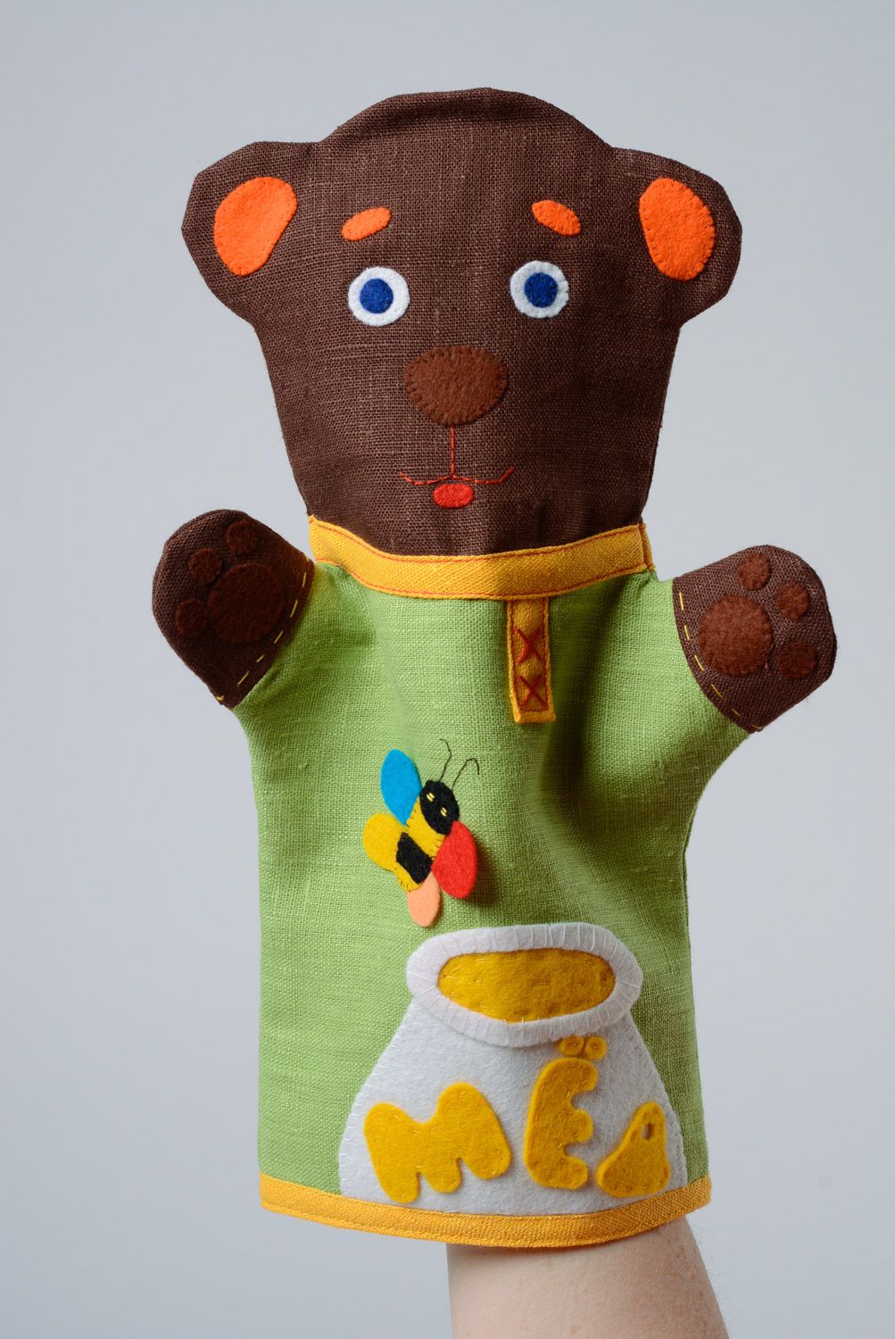 Авторская игрушка на руку кукла перчатка из ткани в виде мишки бибабо хенд мэйд фото 3