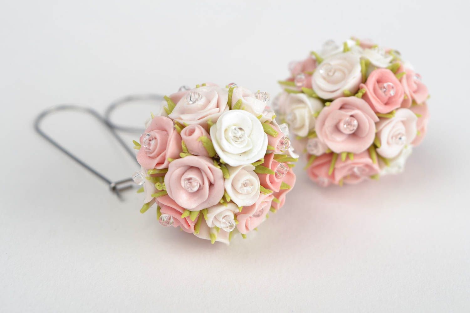 Beautiful tender fancy handmade long polymer clay lush roses bouquets earrings  photo 5