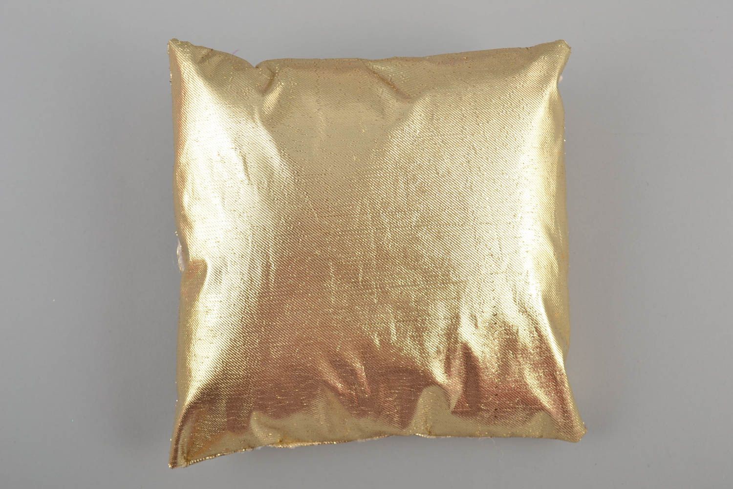 Handmade decorative golden fabric wedding ring pillow with beads and bows photo 3