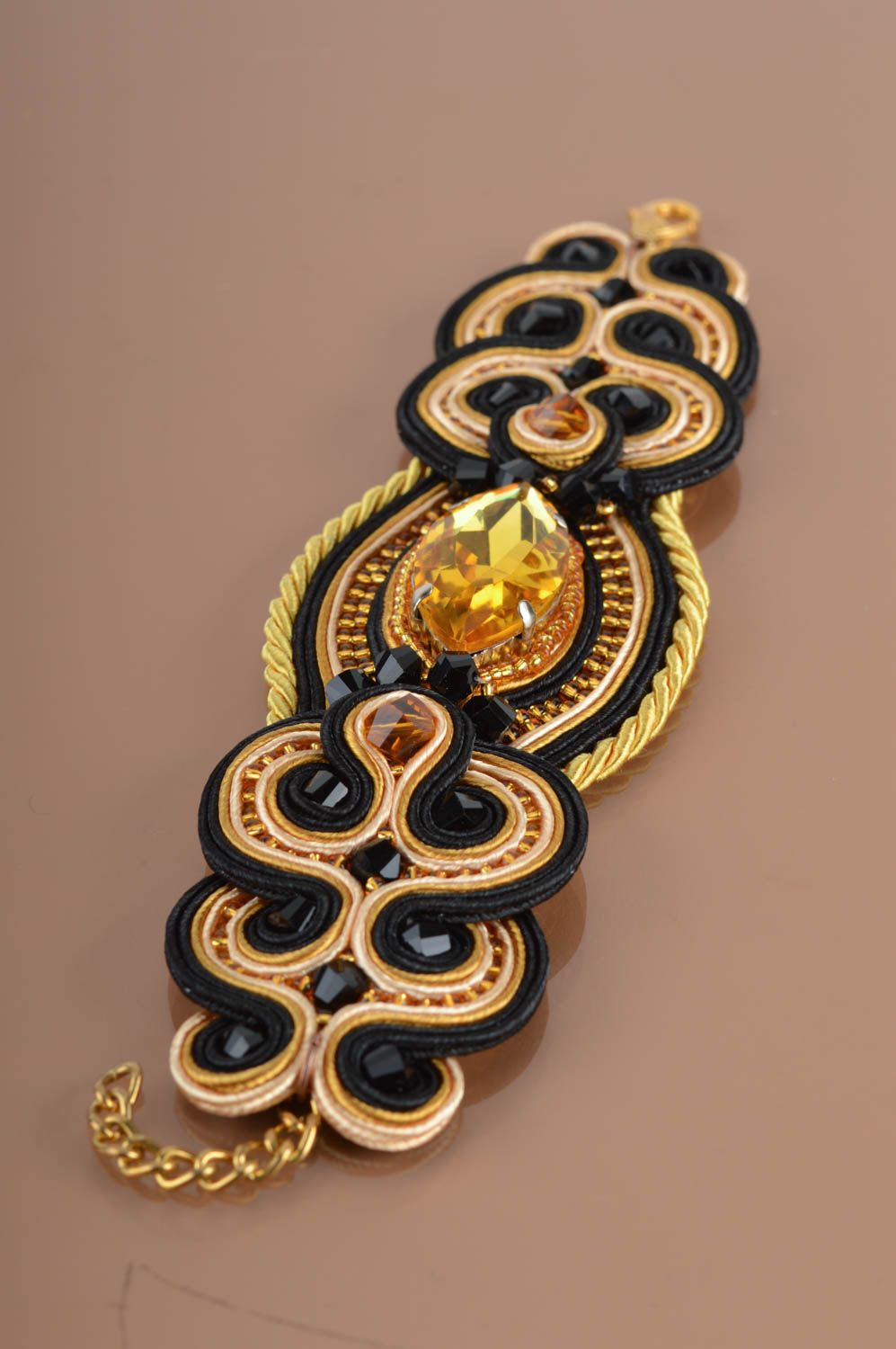 Beautiful yellow handmade designer soutache wide bracelet with Czech beads photo 5