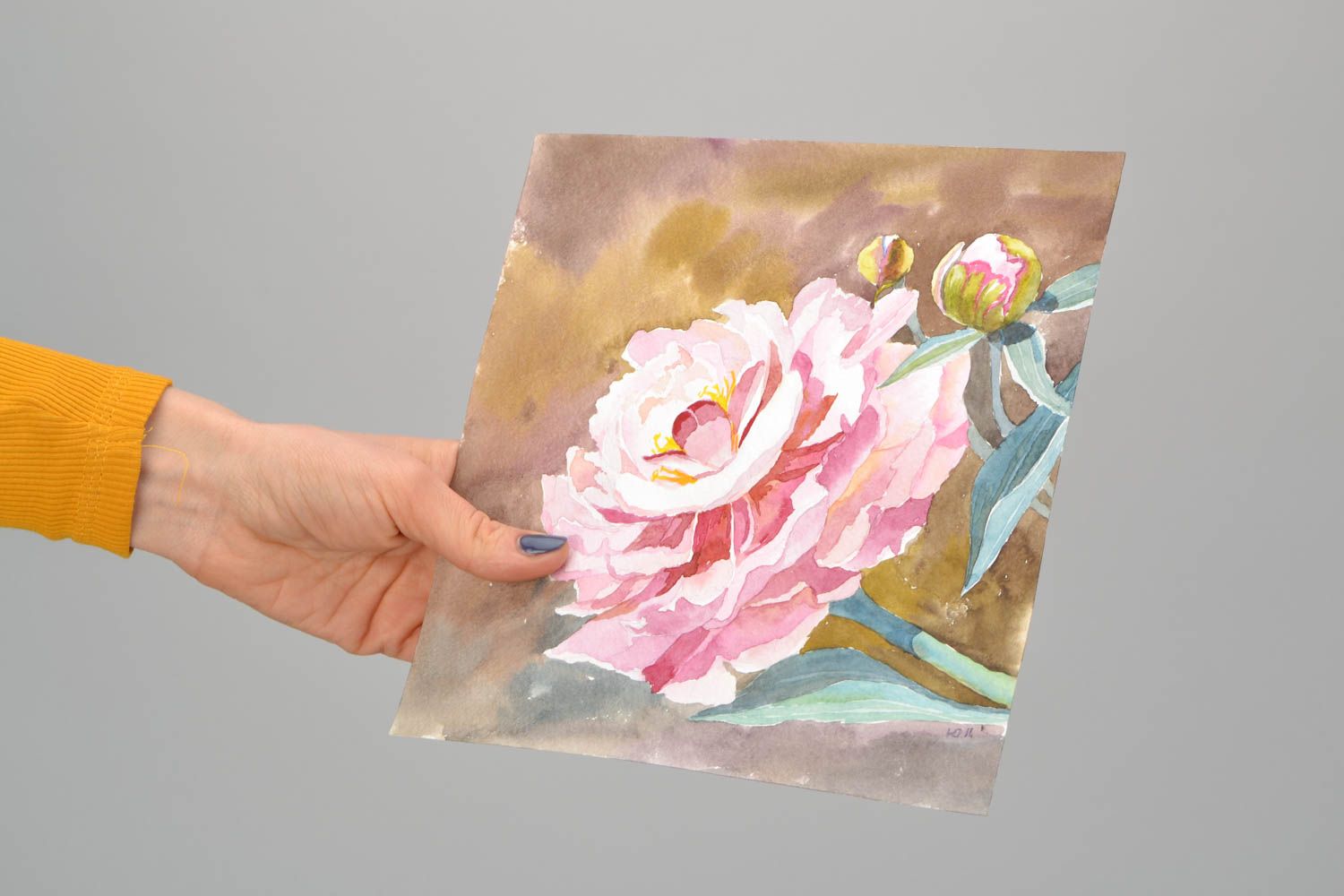 Tableau à l'aquarelle Pivoine fleurie fait main photo 1