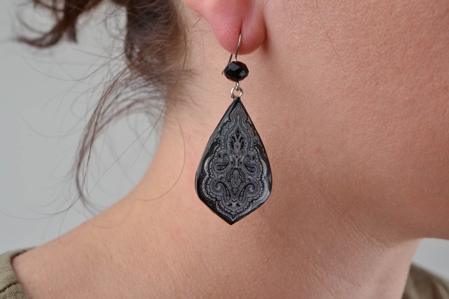 Beautiful black handmade polymer clay drop earrings with decoupage photo 2