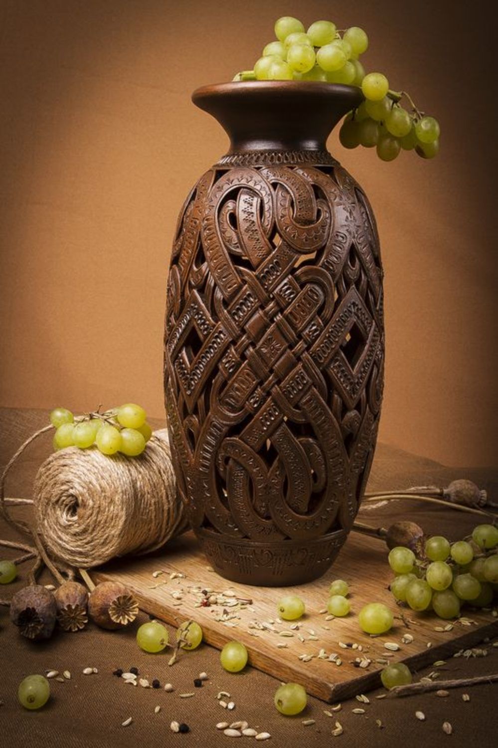 12 inches tall brown decorative vase with carvings 2 lb photo 2