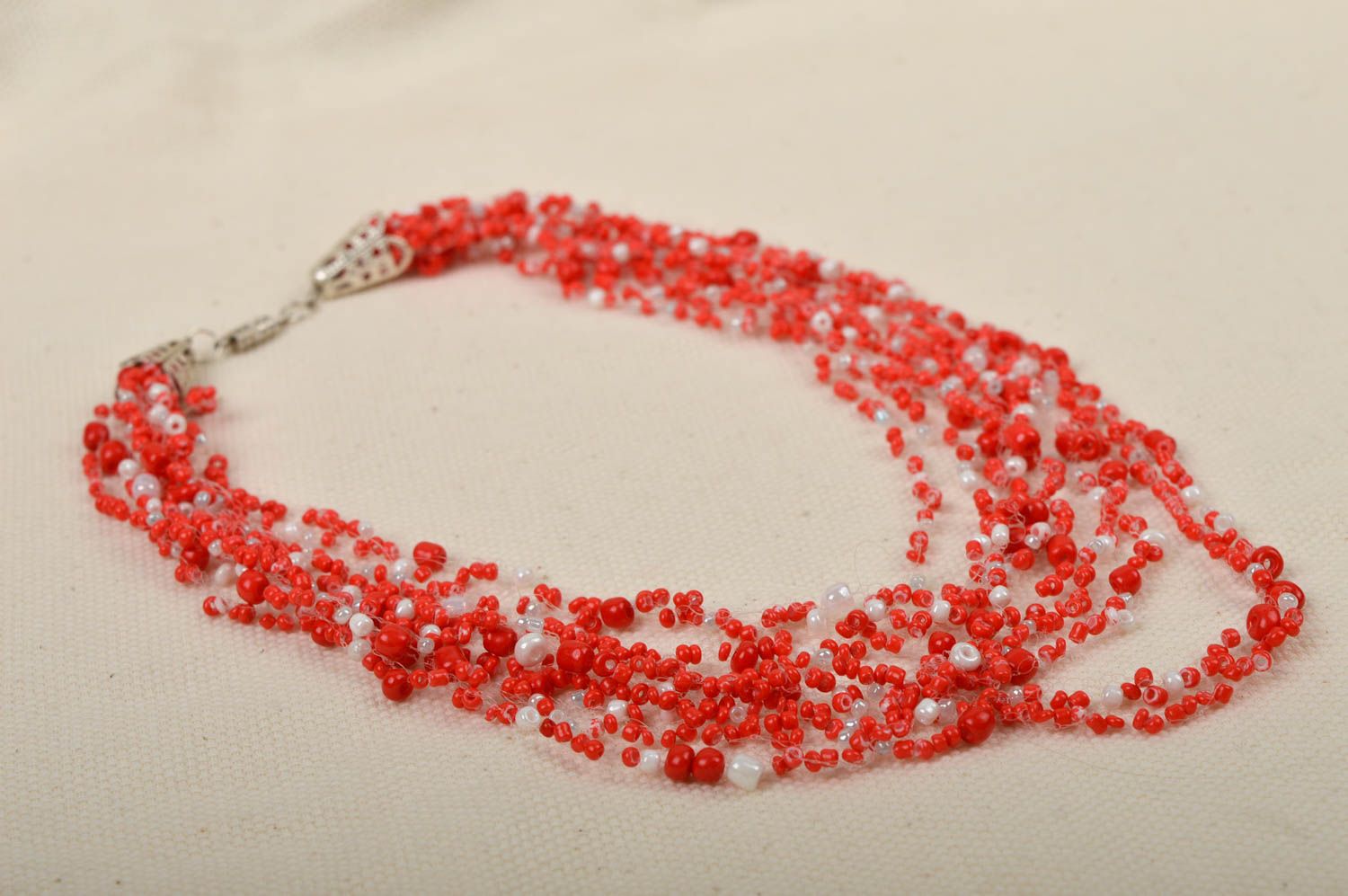 Handmade beaded necklace airy necklace white beaded necklace red necklace  photo 1