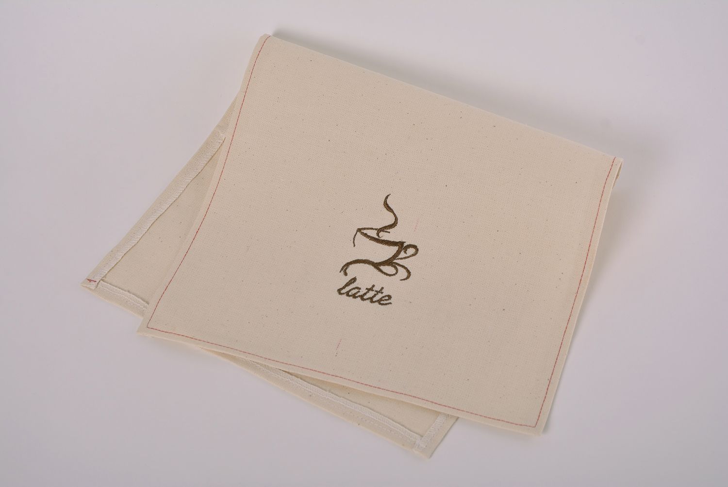 Designer long beige semi linen napkin with handmade embroidery Cup of Latte photo 1