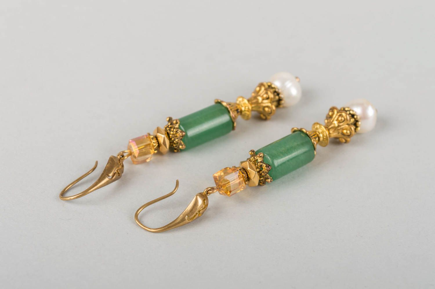 Beautiful long handmade designer metal earrings with aventurine and pearls photo 4