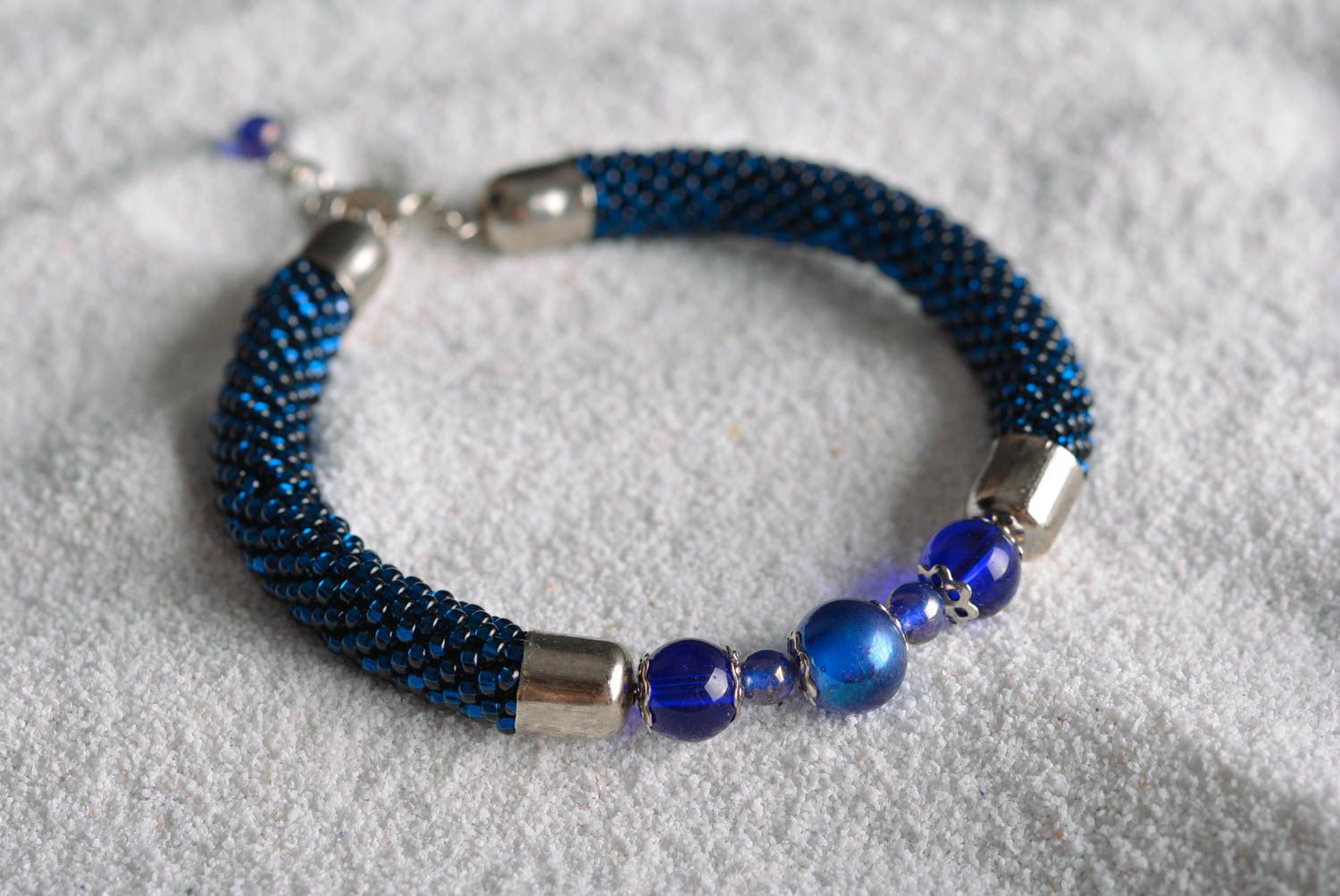 Handmade blue cord bracelet designer elegant jewelry unusual beaded bracelet photo 1