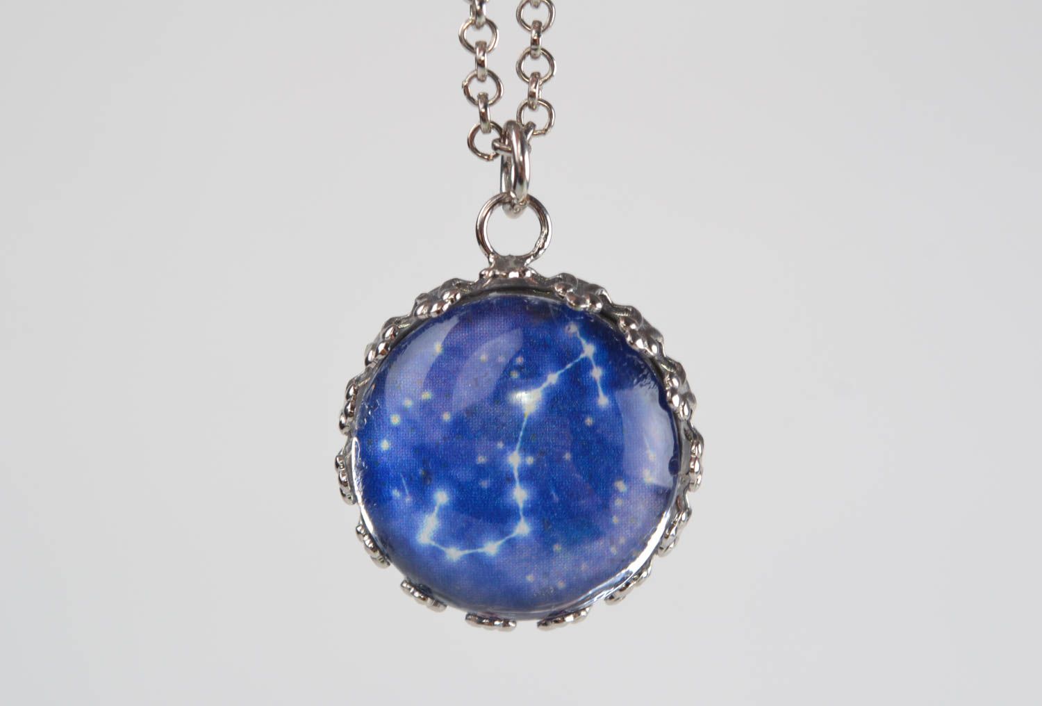 Blue handmade glass pendant on metal chain with Scorpio zodiac sign photo 4