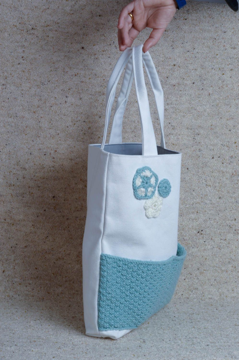 Handmade Stoff Handtasche Damen Accessoire Handtasche für Frauen mit Häkelarbeit foto 4
