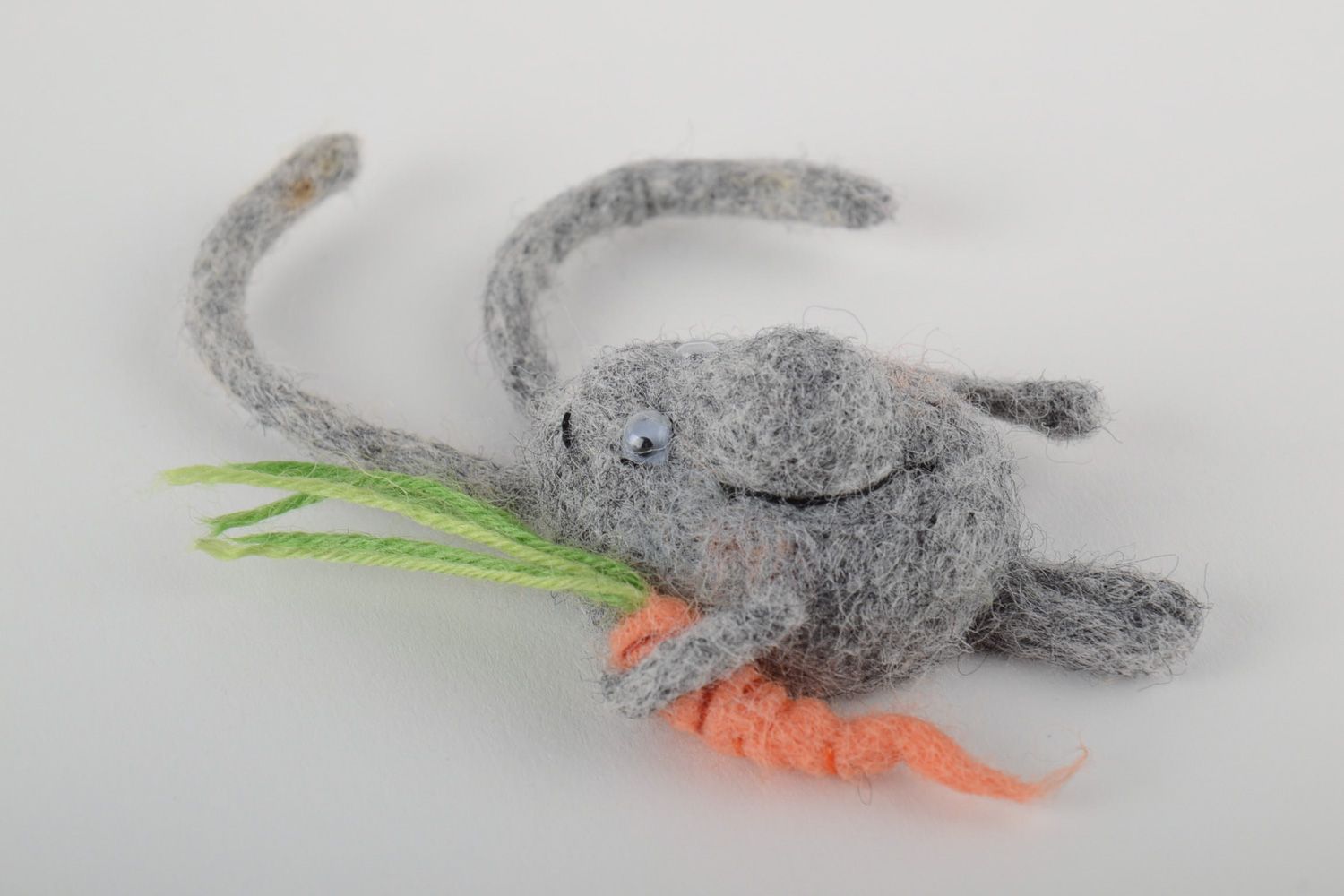 Handmade funny decorative fridge magnet felted of wool gray rabbit with carrot photo 4