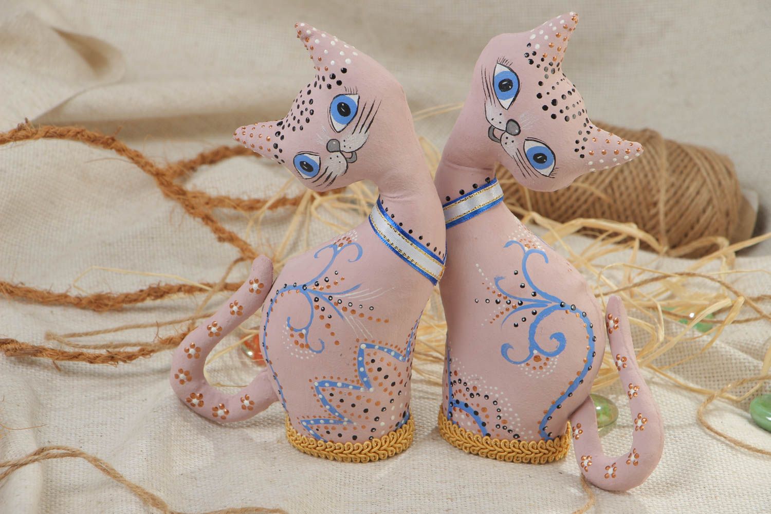 Light handmade fabric soft interior toys in the shape of 2 cats painted with acrylics photo 1