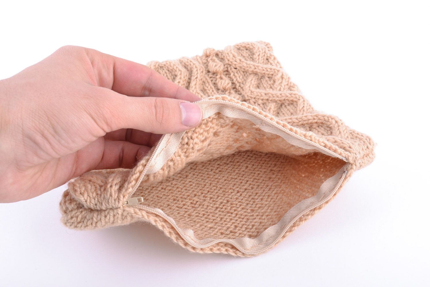 Small tender handmade throw pillow case knitted of beige semi-woolen threads  photo 4