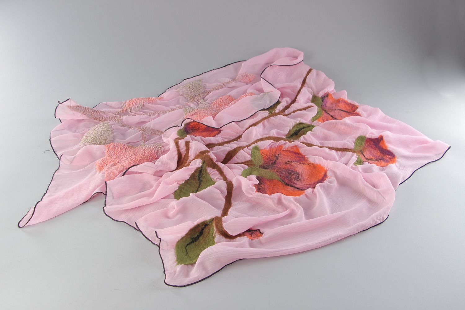 Handmade thin silk chiffon scarf with felted elements of pink color for women photo 1