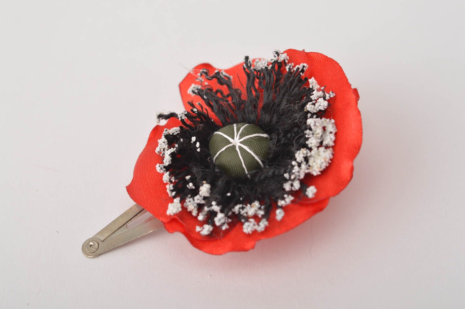 Аксессуар для волос украшение ручной работы заколка с цветком в виде мака атлас фото 2