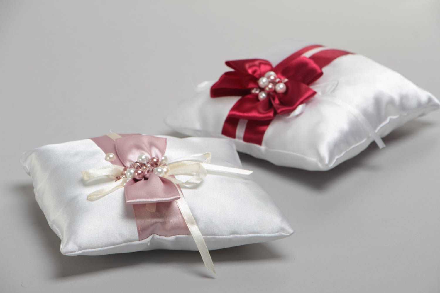 Set of beautiful handmade designer satin ring bearer pillows with bows 2 pieces photo 3