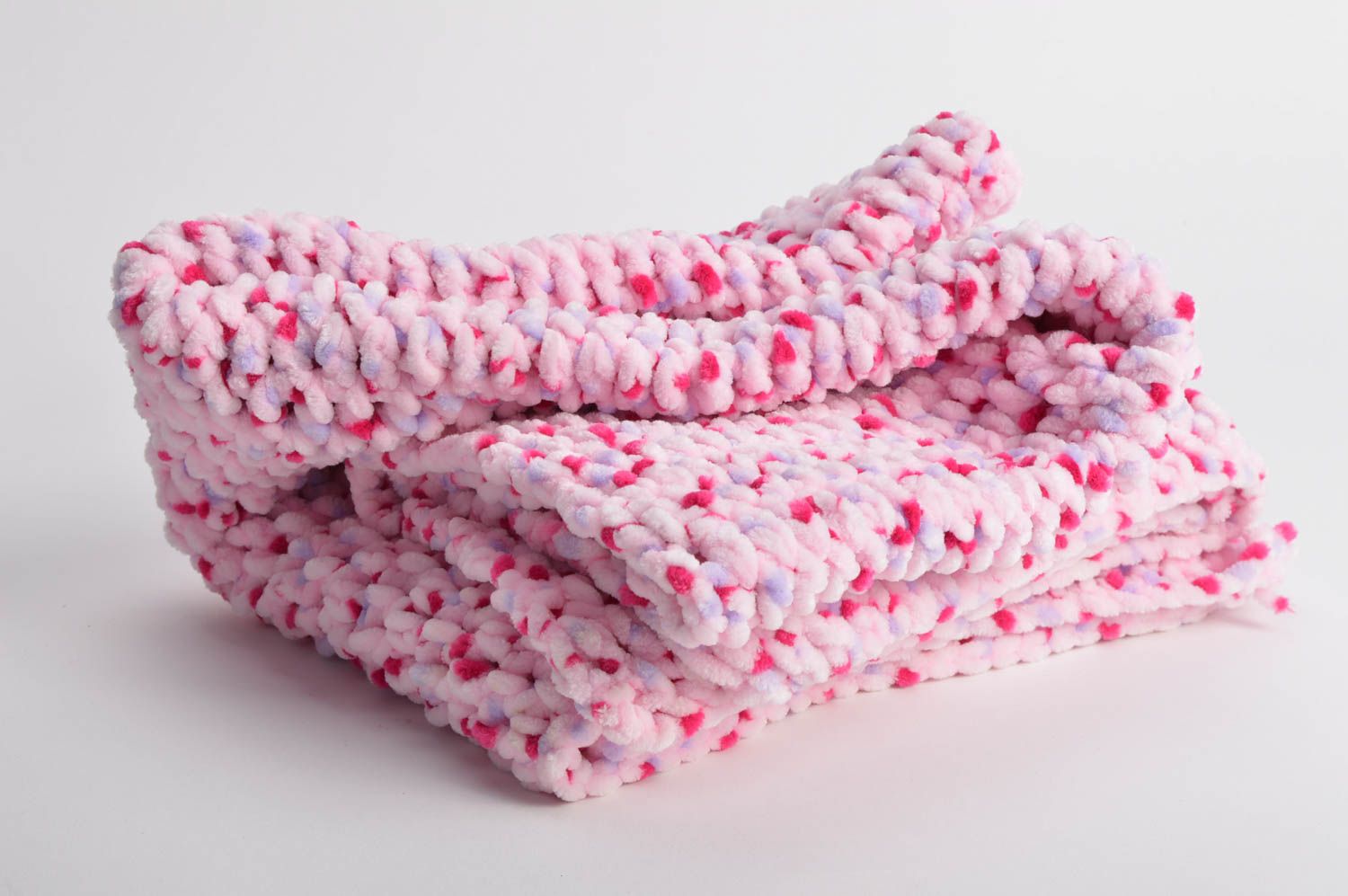 Beautiful handmade pink soft warm baby blanket crocheted of velour threads photo 5