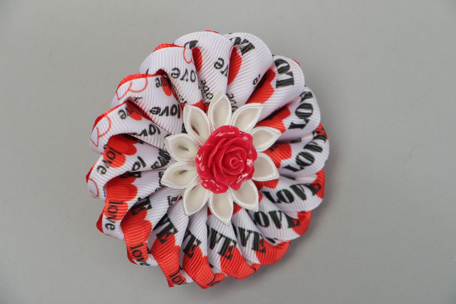 Festive handmade hair tie with satin and rep ribbons of red and white colors photo 2