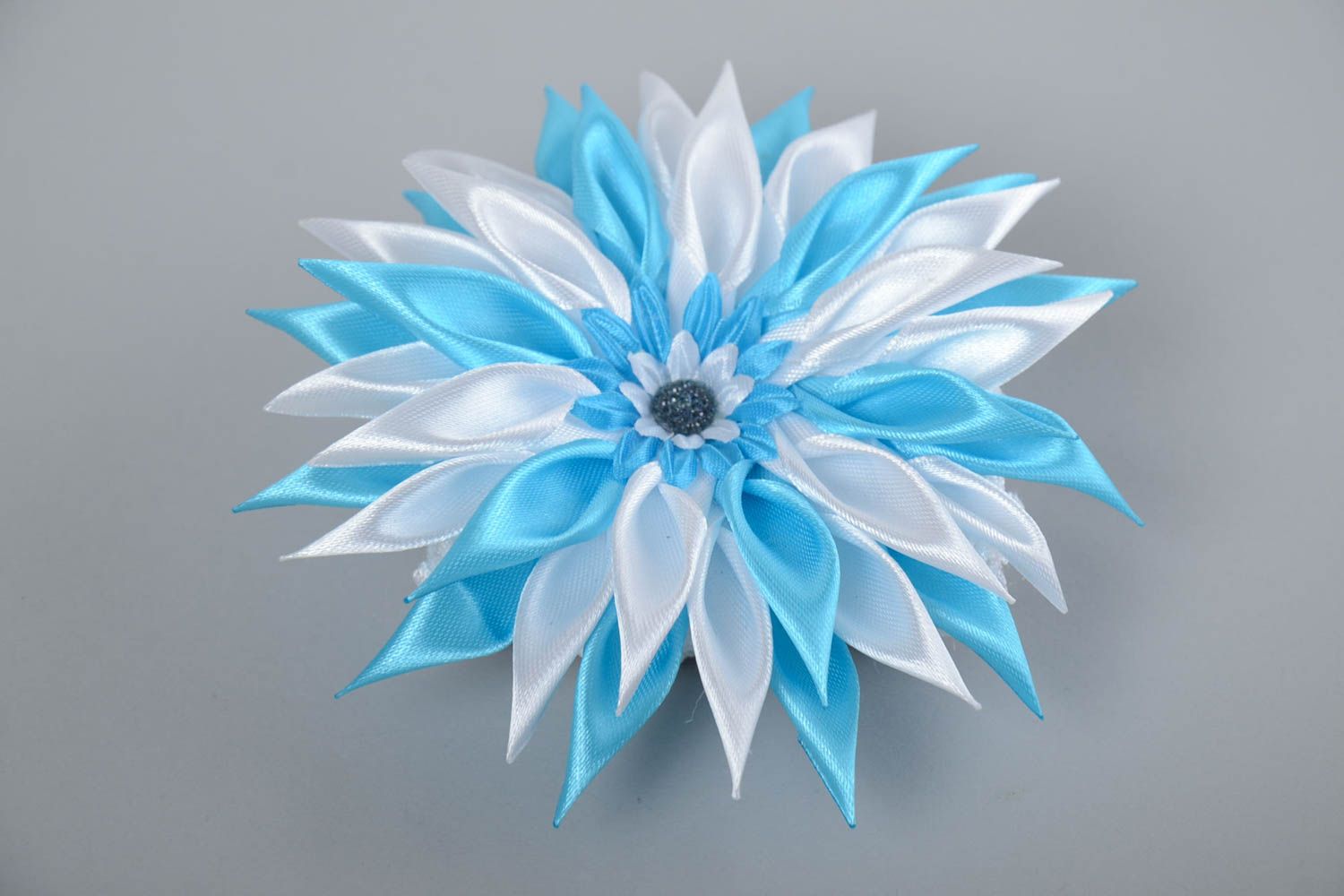 White and blue handmade designer children's kanzashi flower headband photo 5