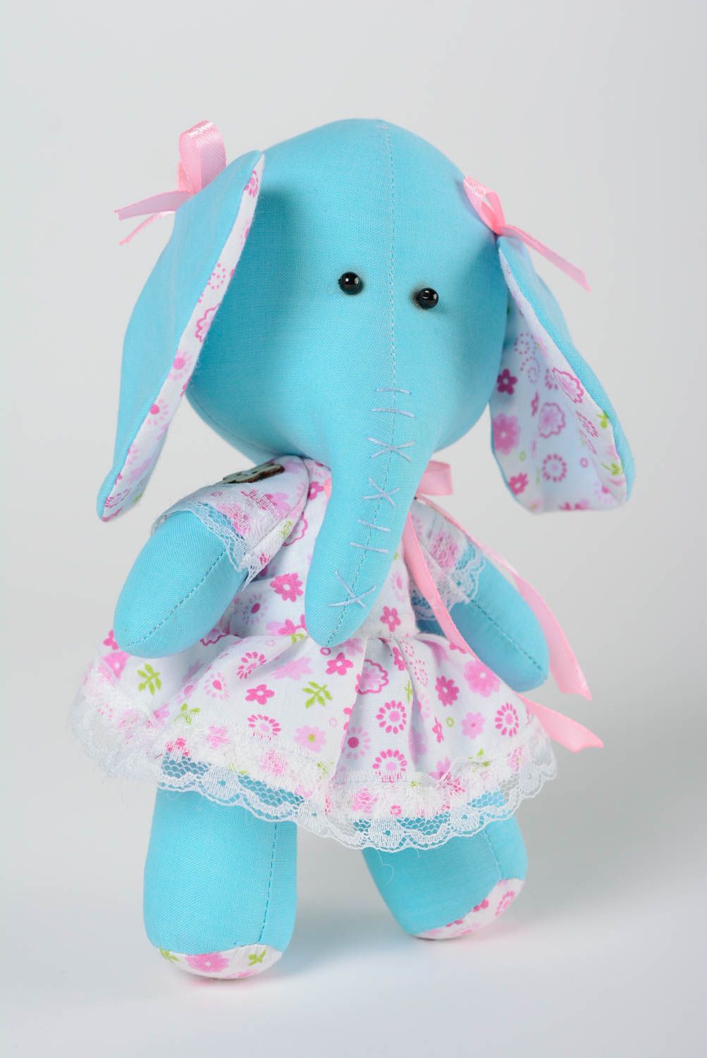 Handmade small cotton fabric soft toy blue elephant girl in floral dress photo 2
