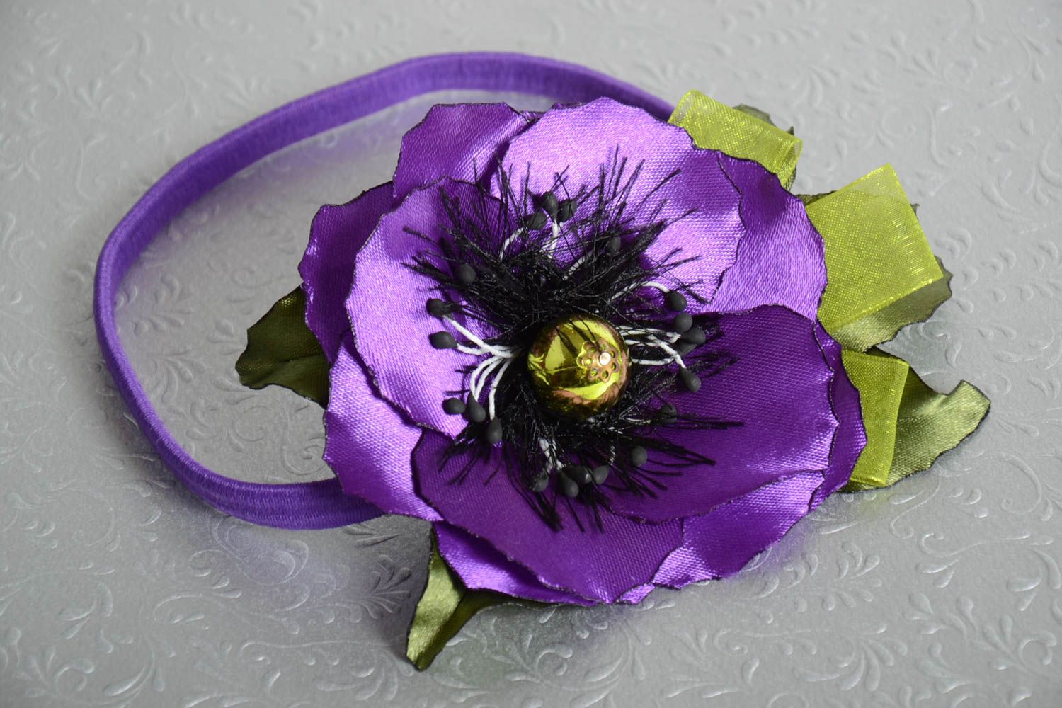 Повязка с цветком на голову фиолетовая красивая необычная женская ручной работы фото 1