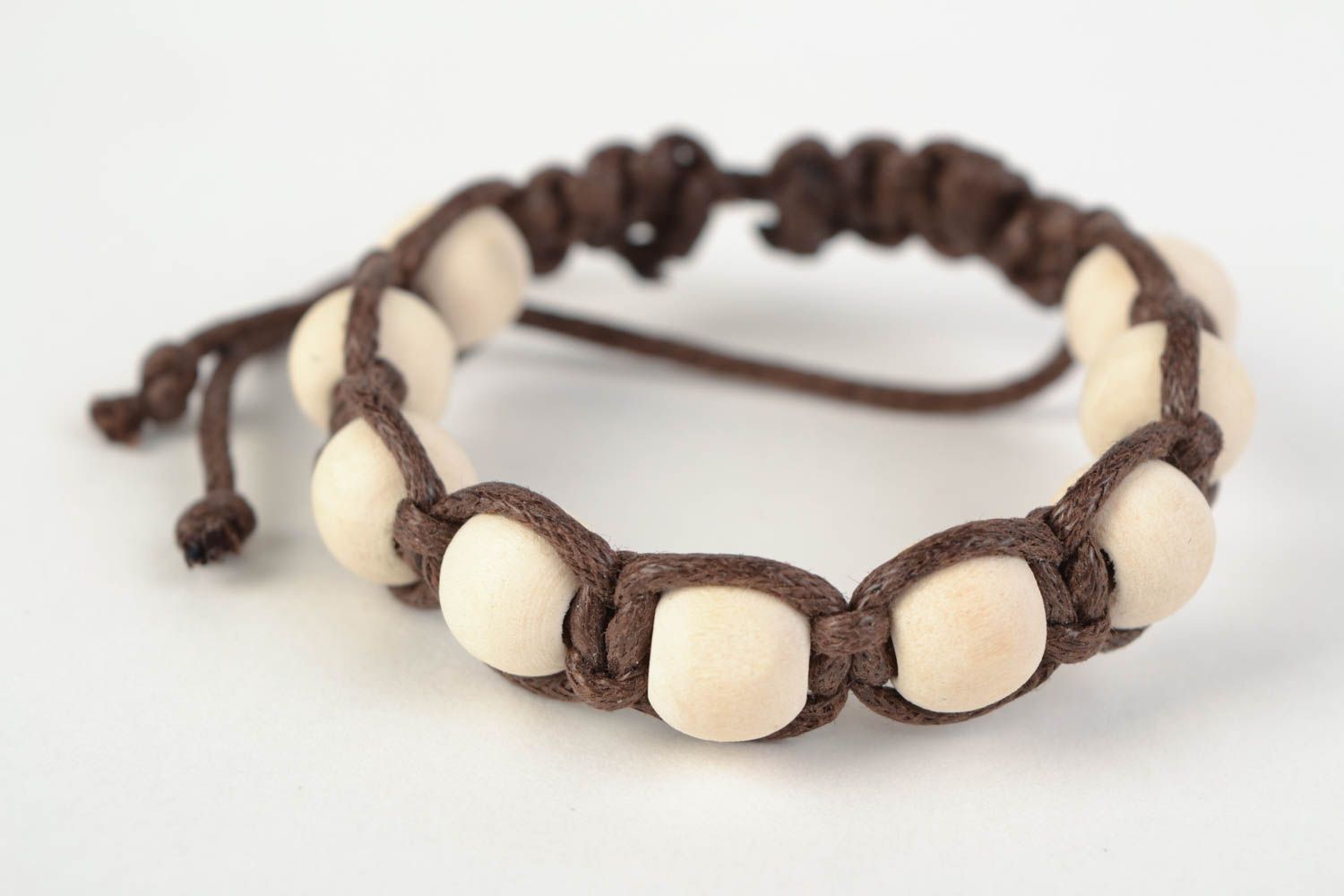 White and brown handmade woven cotton cord bracelet with beads photo 3