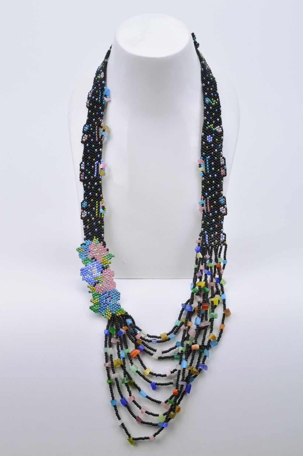 Handmade multi row necklace woven of colorful Czech beads and cat's eye stone photo 3
