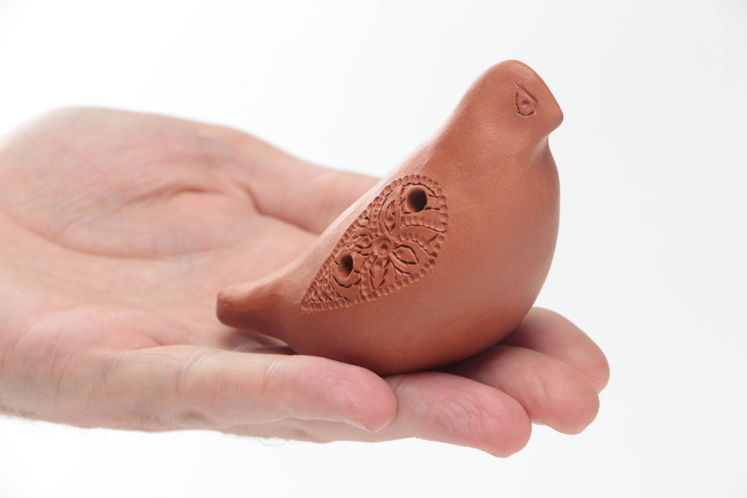 Small homemade brown clay penny whistle ocarina in the shape of bird photo 5