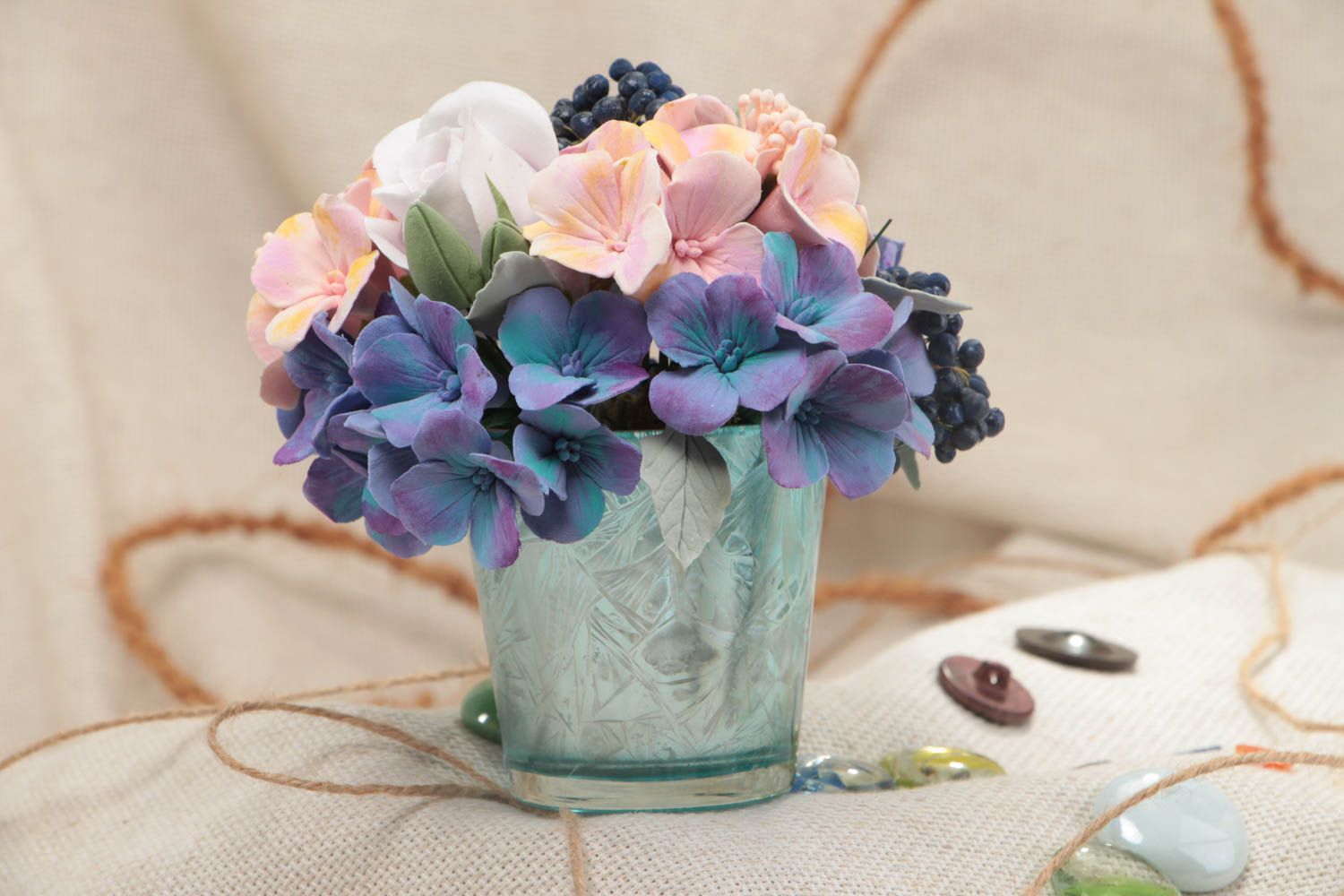 Handmade artificial flowers molded of Japanese polymer clay Hydrangea in pot photo 1
