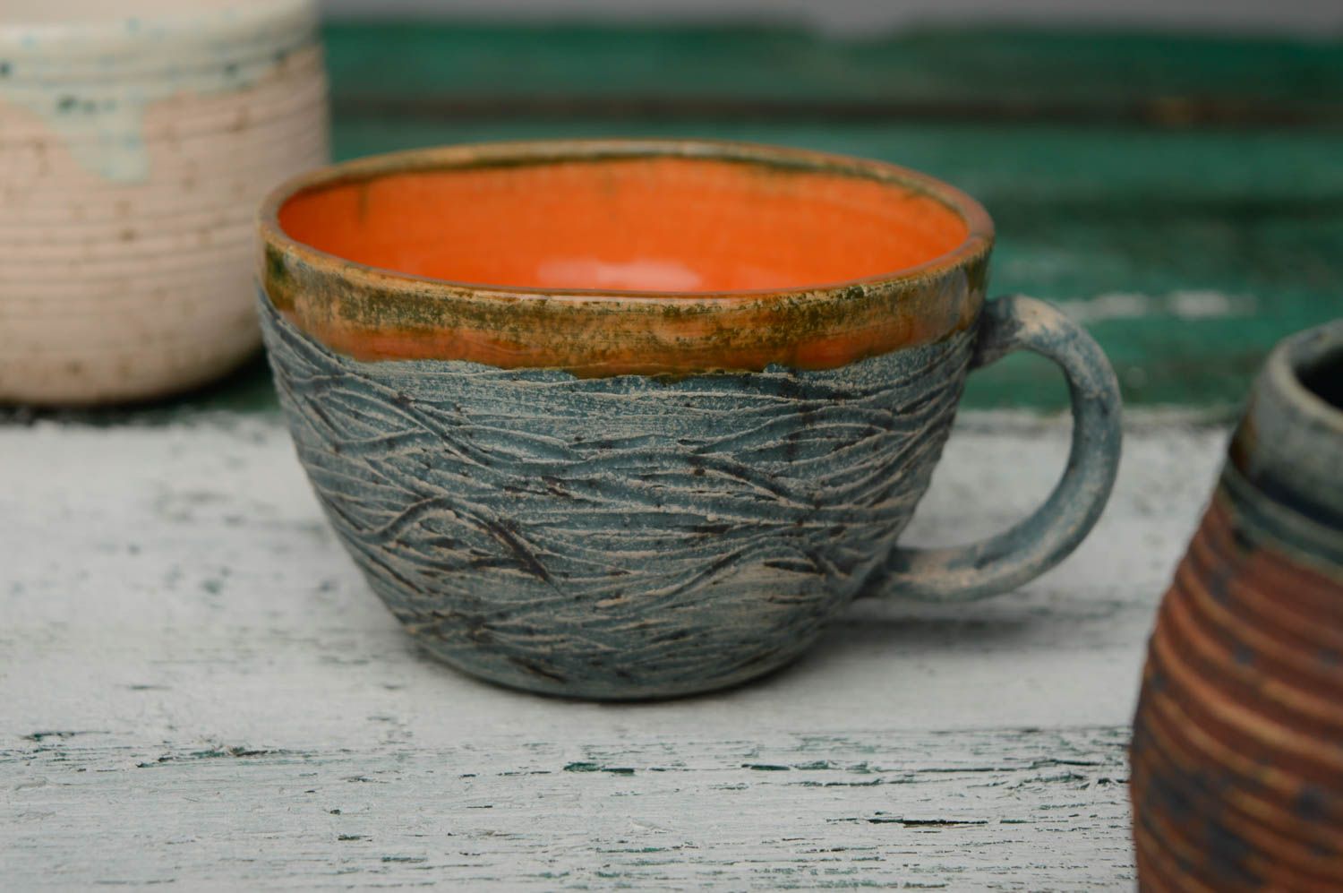 Glazed inside clay handmade drinking cup for coffee or tea photo 1