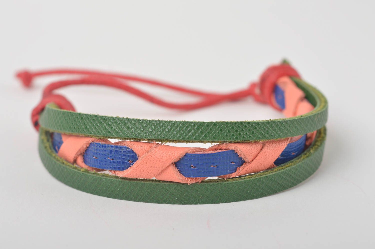 Браслет ручной работы кожаный браслет дизайнерское украшение розовое с зеленым фото 5